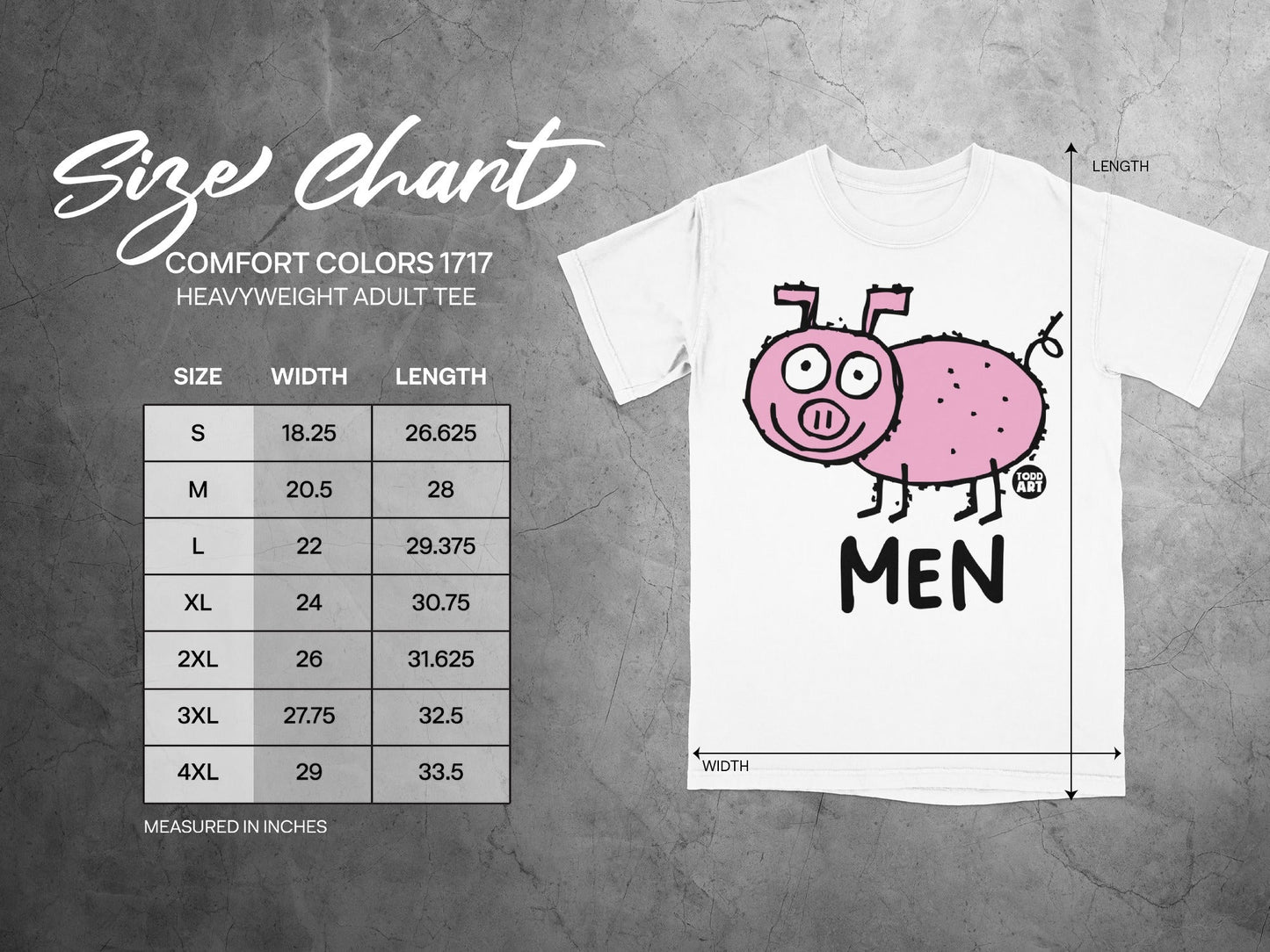 Comfort Colors 1717 heavyweight adult tee size chart with cartoon pig.
