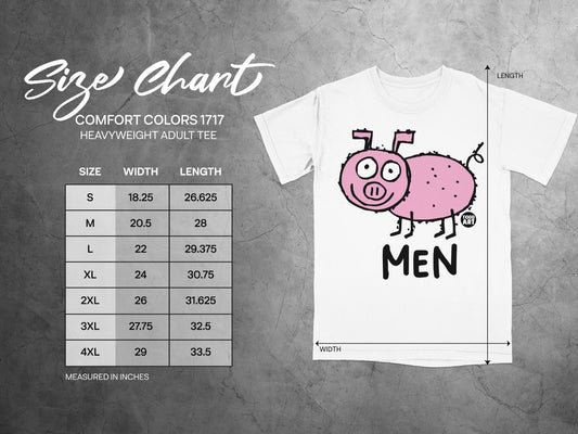 Comfort Colors 1717 heavyweight adult tee size chart with cartoon pig.
