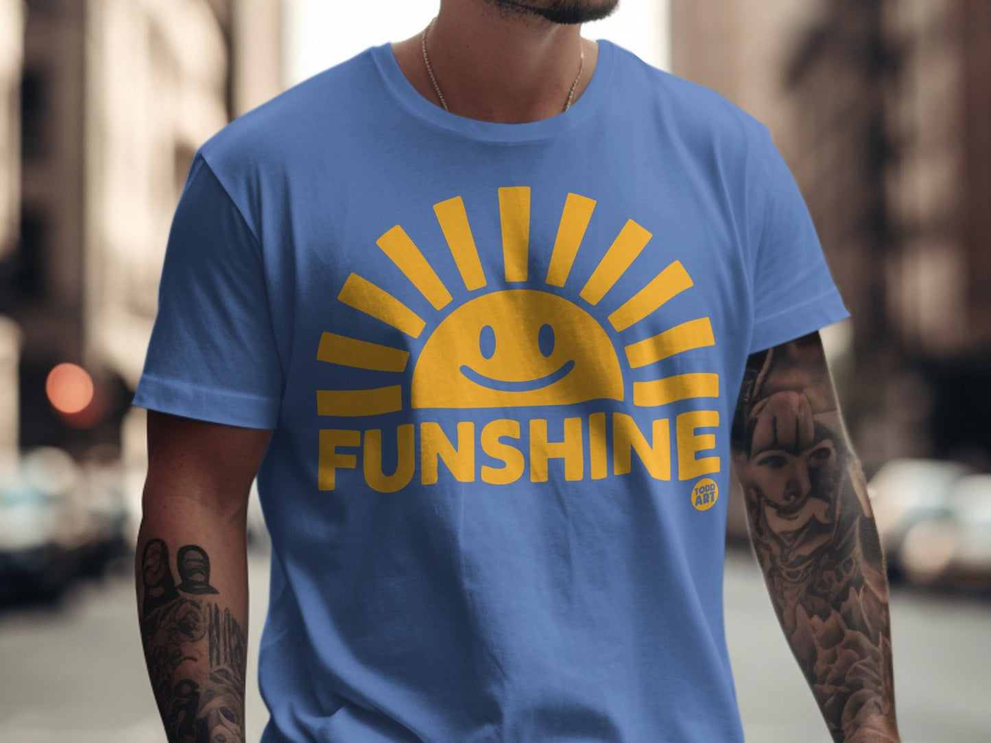 Blue t-shirt with a yellow sun graphic and the text "FUNSHINE".