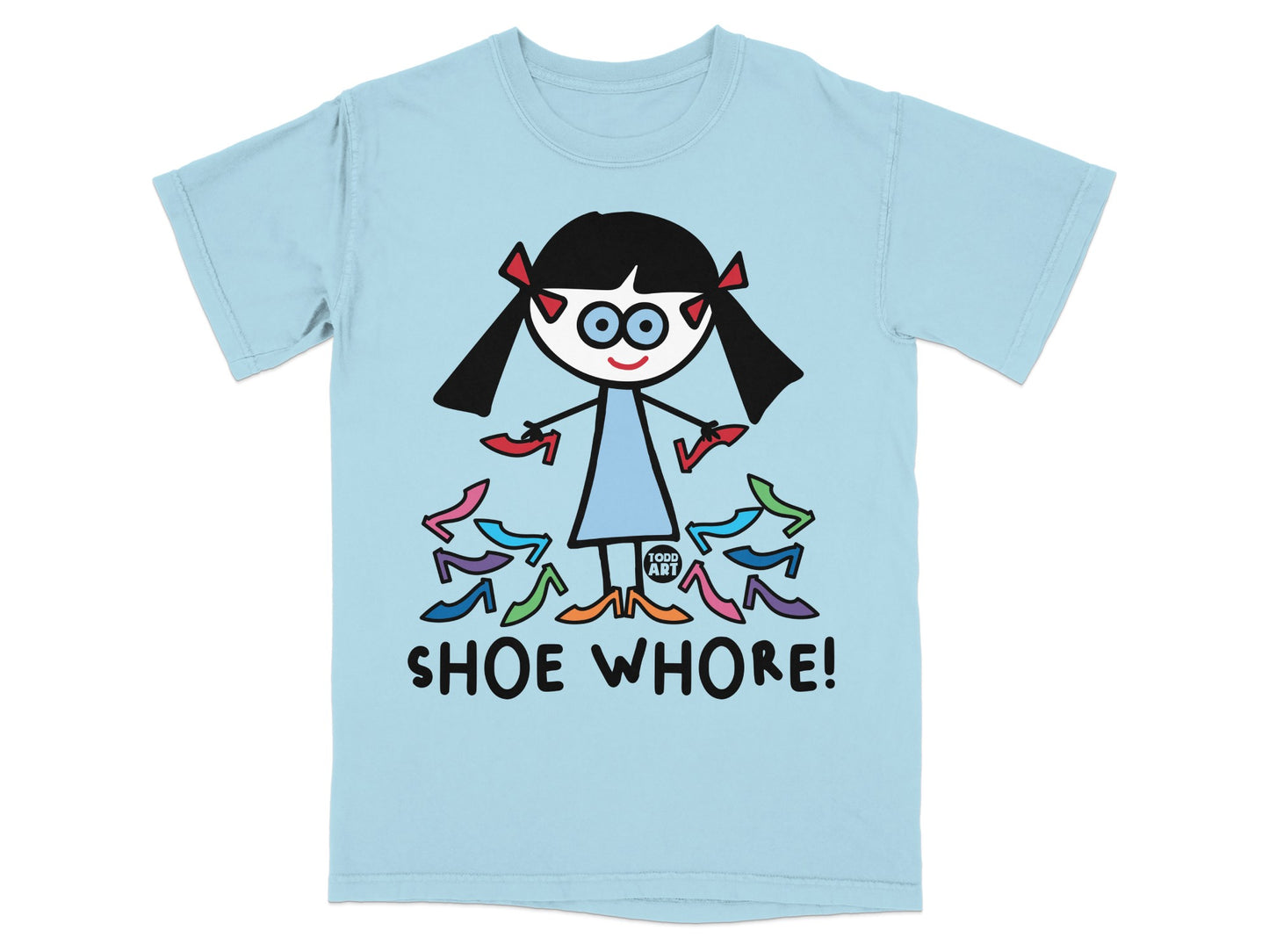 Cartoon Girl Surrounded by Shoes Graphic Tee Shirt