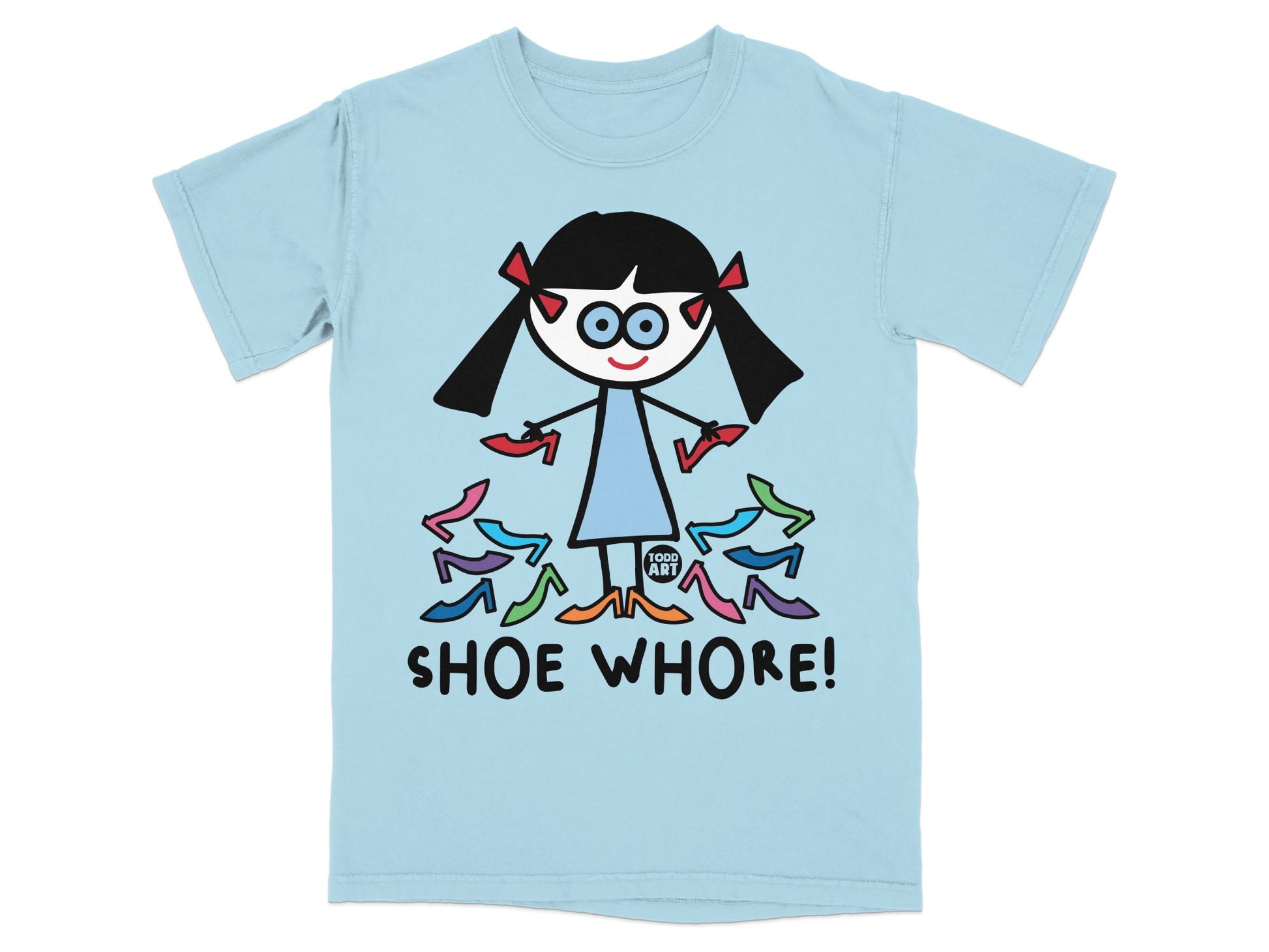 Cartoon Girl Surrounded by Shoes Graphic Tee Shirt