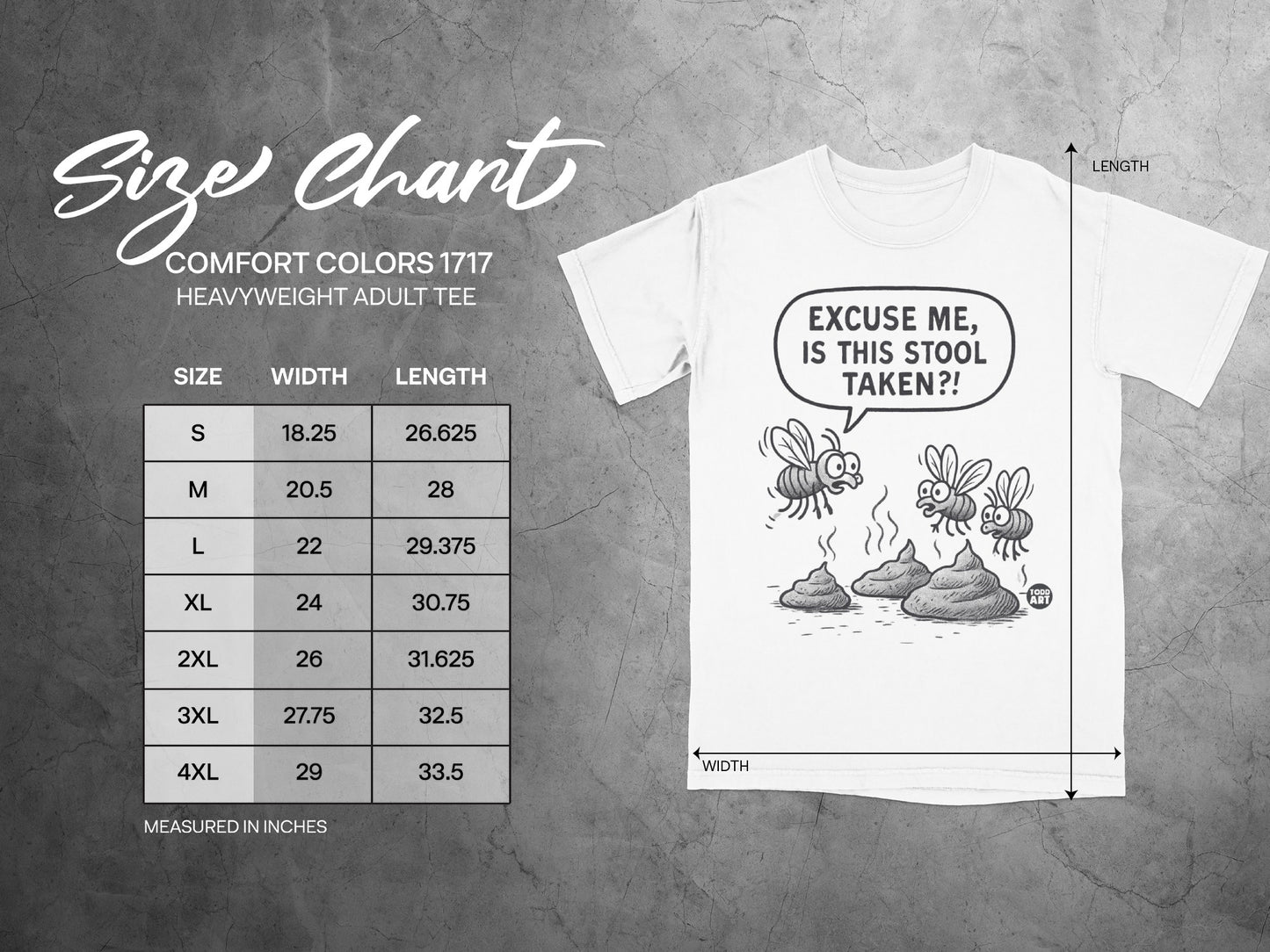 Comfort Colors 1717 size chart for heavyweight adult tee with humorous poop graphic.