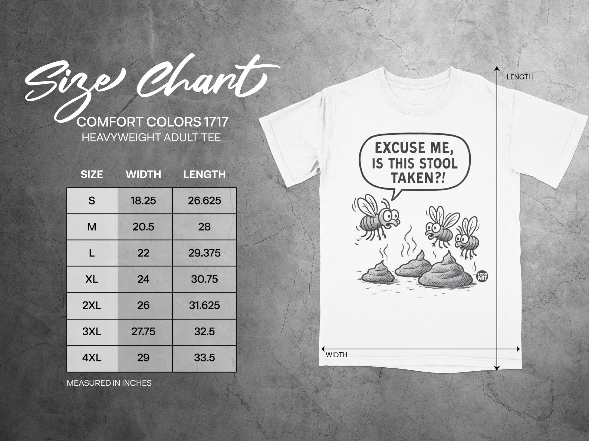 Comfort Colors 1717 size chart for heavyweight adult tee with humorous poop graphic.