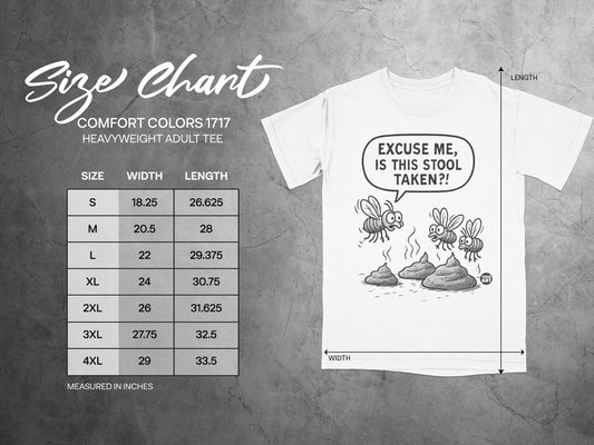 Comfort Colors 1717 size chart for heavyweight adult tee with humorous poop graphic.