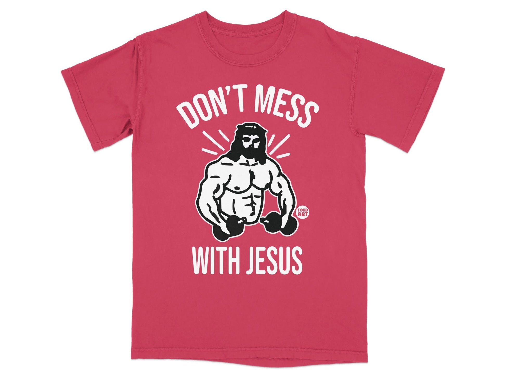 Red t-shirt with "Don't Mess With Jesus" and muscular illustration.