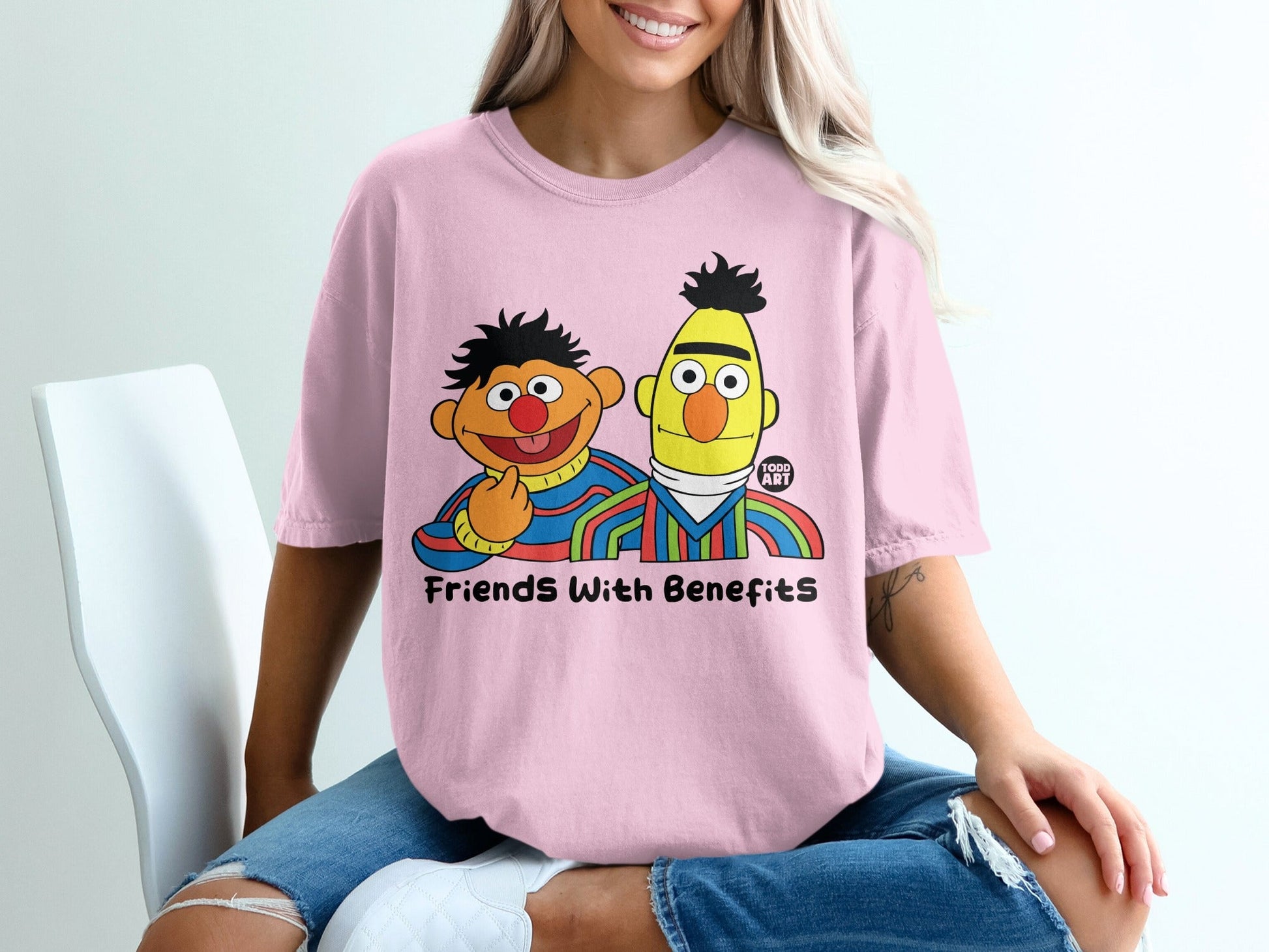 Bert and Ernie graphic tee with "Friends With Benefits" text.