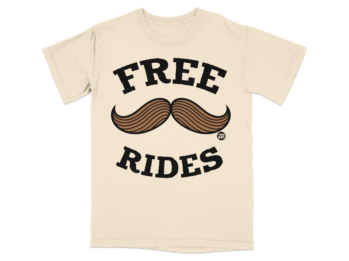 Cream t-shirt with "FREE RIDES" and a mustache graphic.