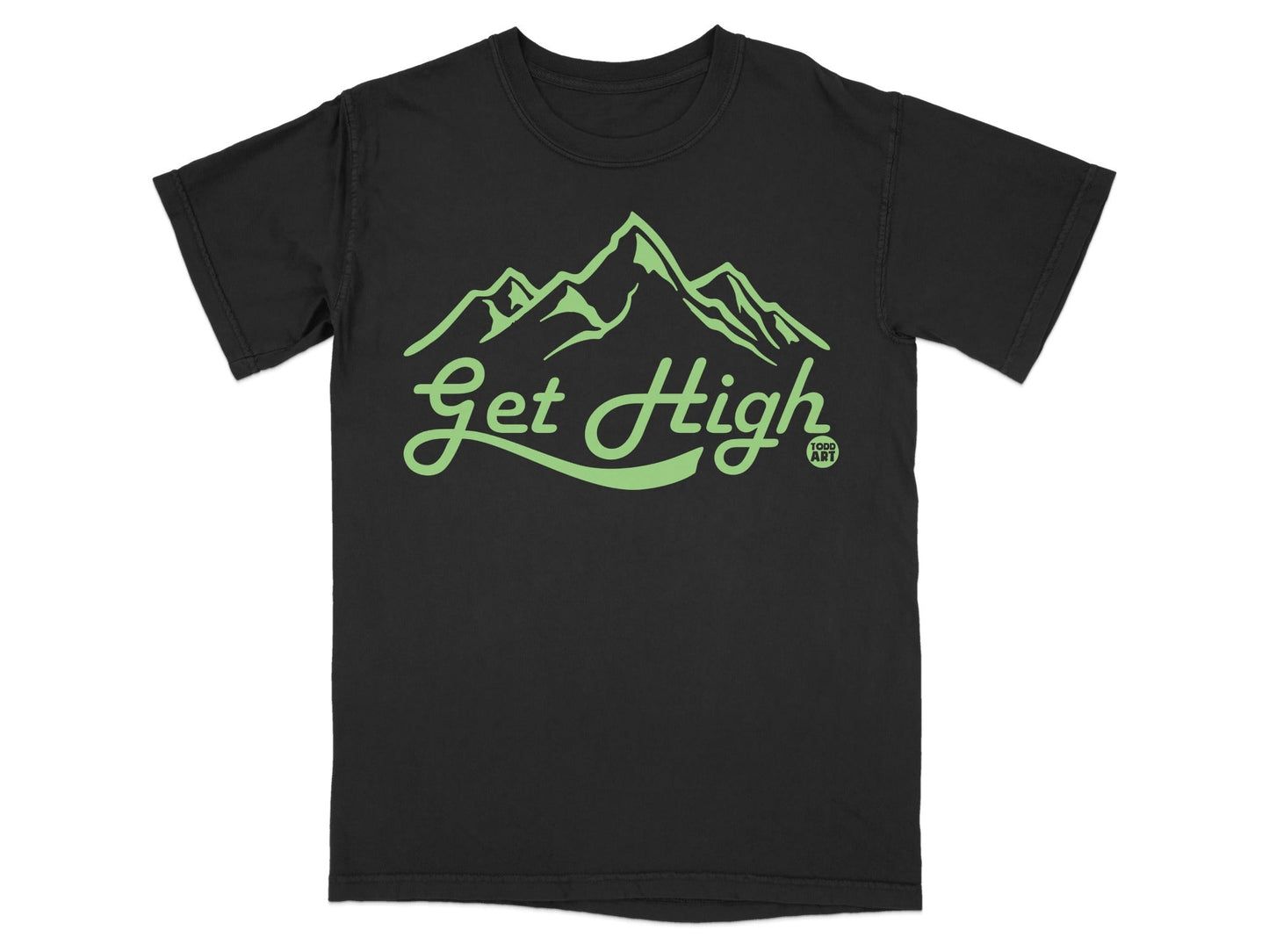 Black t-shirt with "Get High" text and mountain graphic.