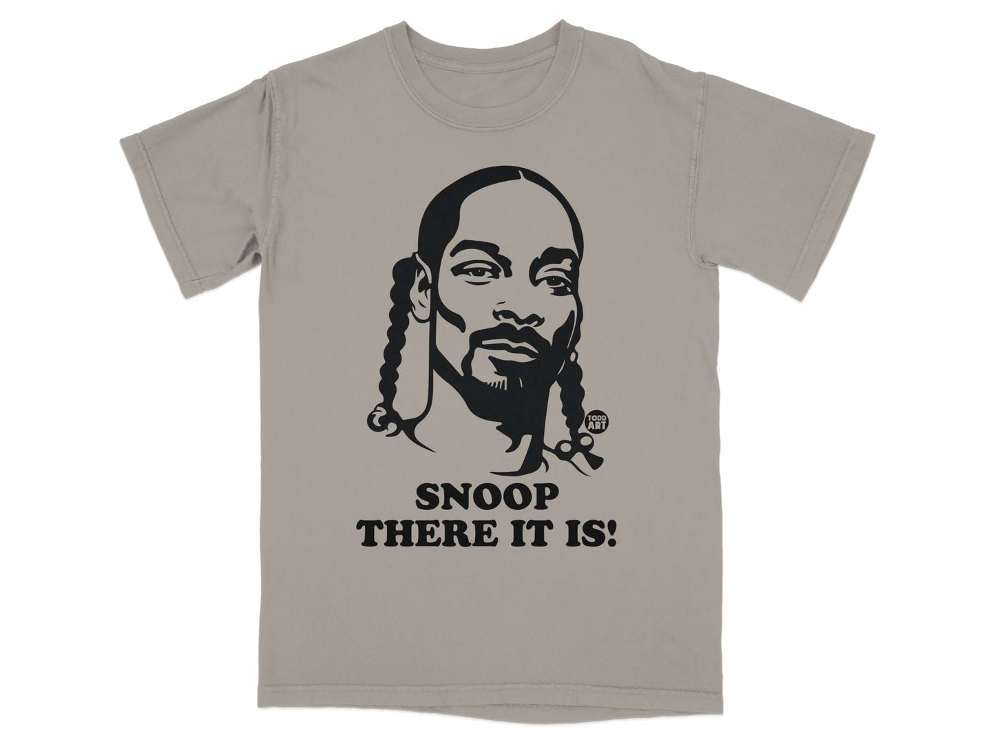 Snoop Dogg graphic t-shirt with text "SNOOP THERE IT IS!".