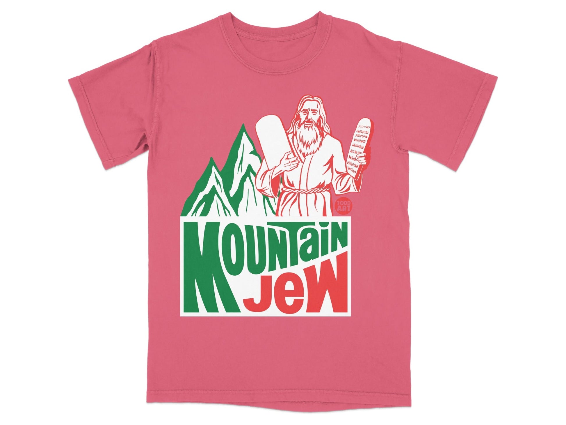 Pink t-shirt with "MOUNTAIN JEW" logo and Moses holding stone tablets.