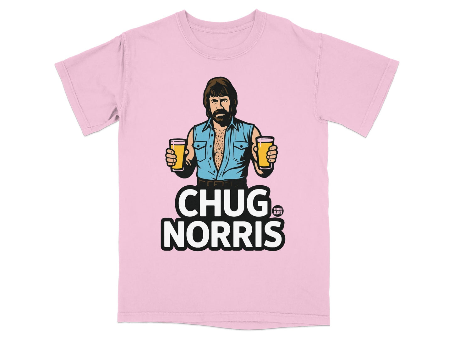 Pink t-shirt with a cartoon of Chuck Norris holding two beers.