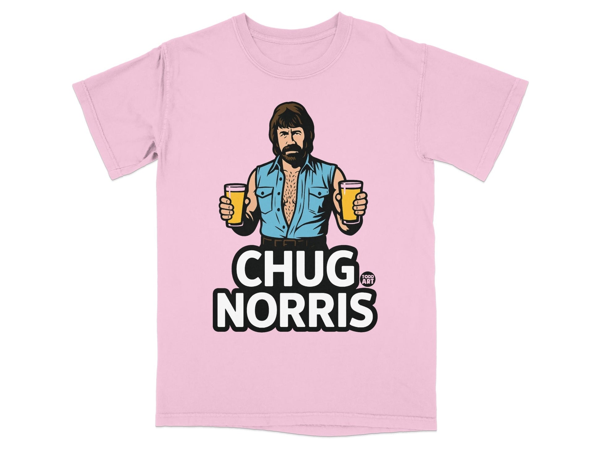 Pink t-shirt with a cartoon of Chuck Norris holding two beers.
