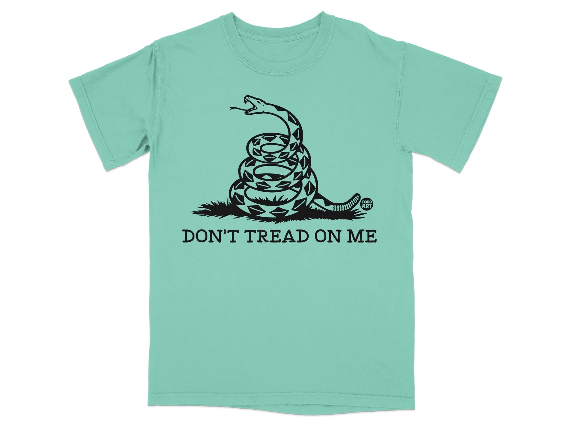 Green t-shirt with coiled snake and "DON'T TREAD ON ME" text.