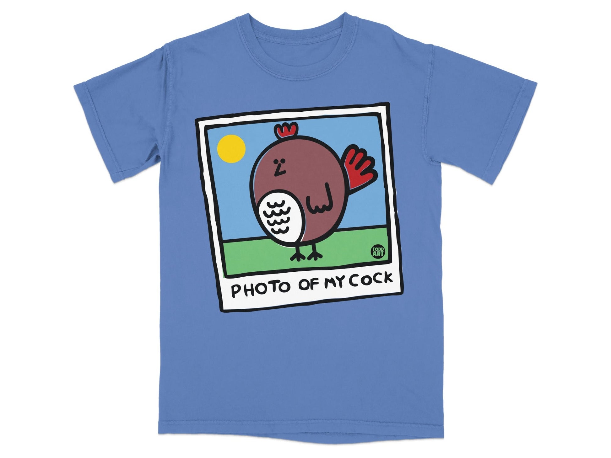 Blue t-shirt with a cartoon chicken illustration and "PHOTO OF MY COCK" text.