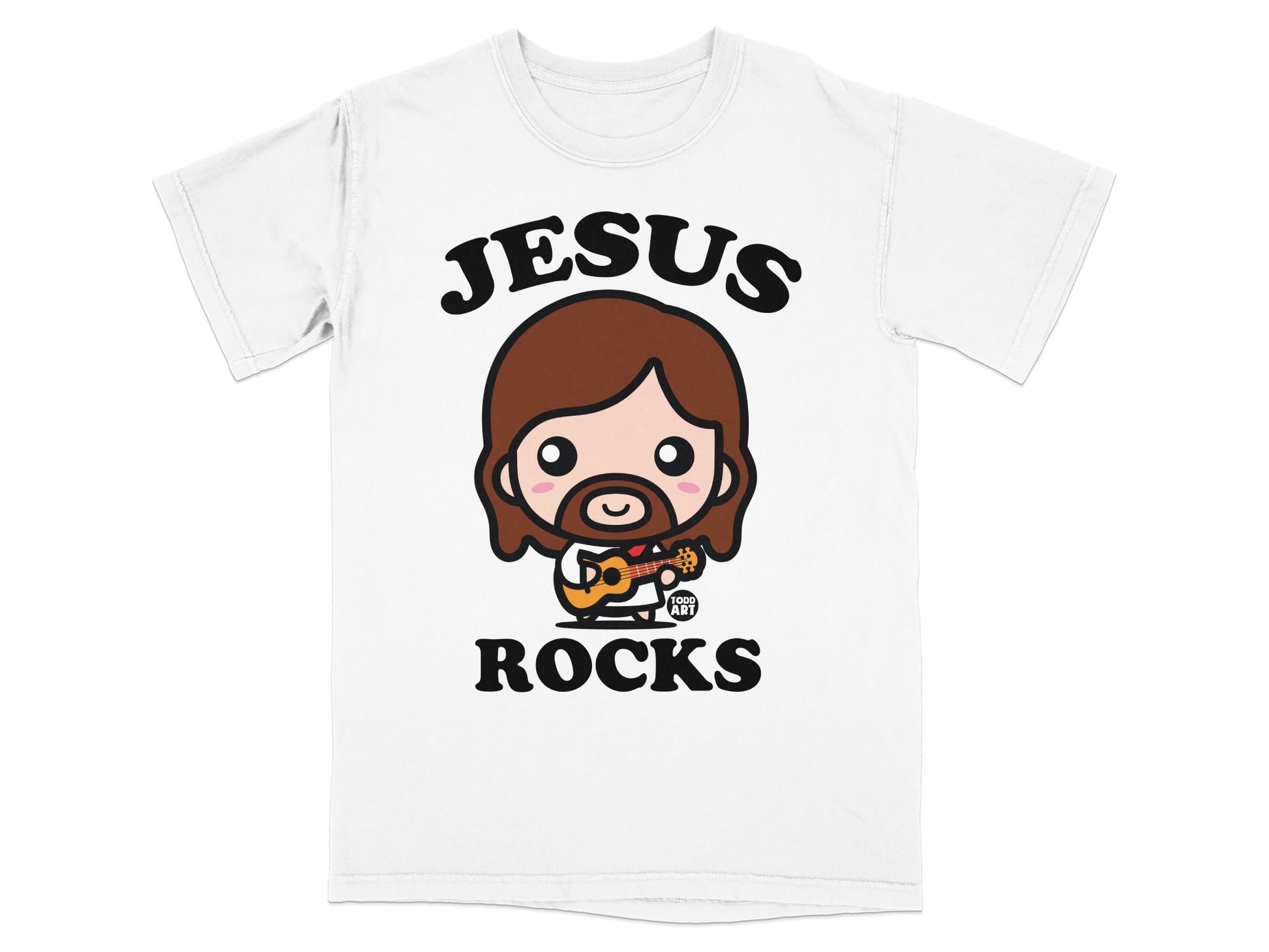 White t-shirt with cartoon Jesus playing guitar and text "JESUS ROCKS".