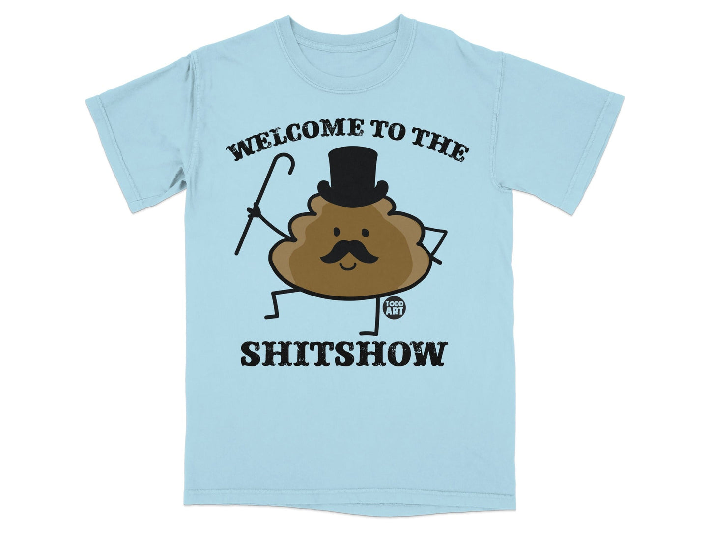 Light blue t-shirt with a cartoon poop character, top hat, and cane.