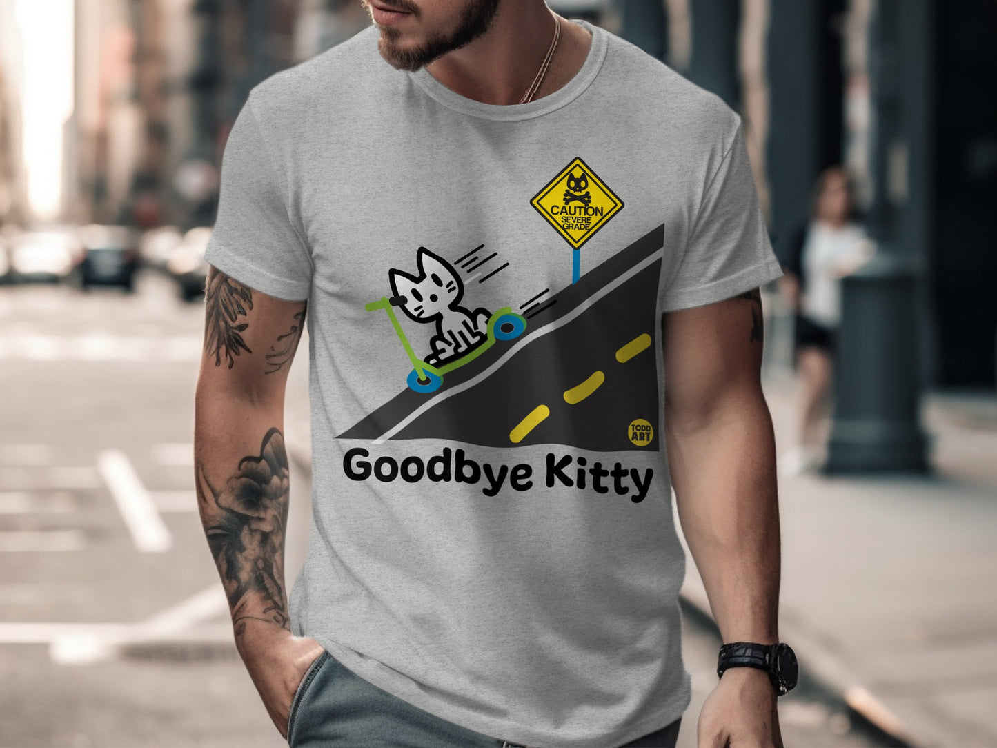 Goodbye Kitty Scooter Humorous Graphic T-Shirt