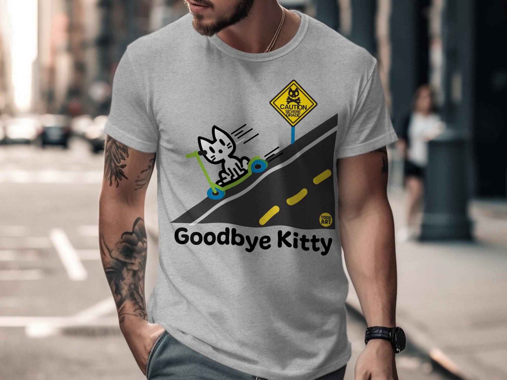 Goodbye Kitty Scooter Humorous Graphic T-Shirt