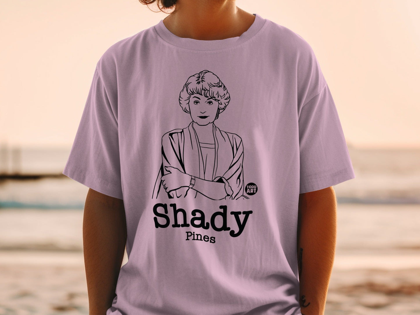 Line art portrait of woman wearing a shirt with "Shady Pines" and "100D ART".