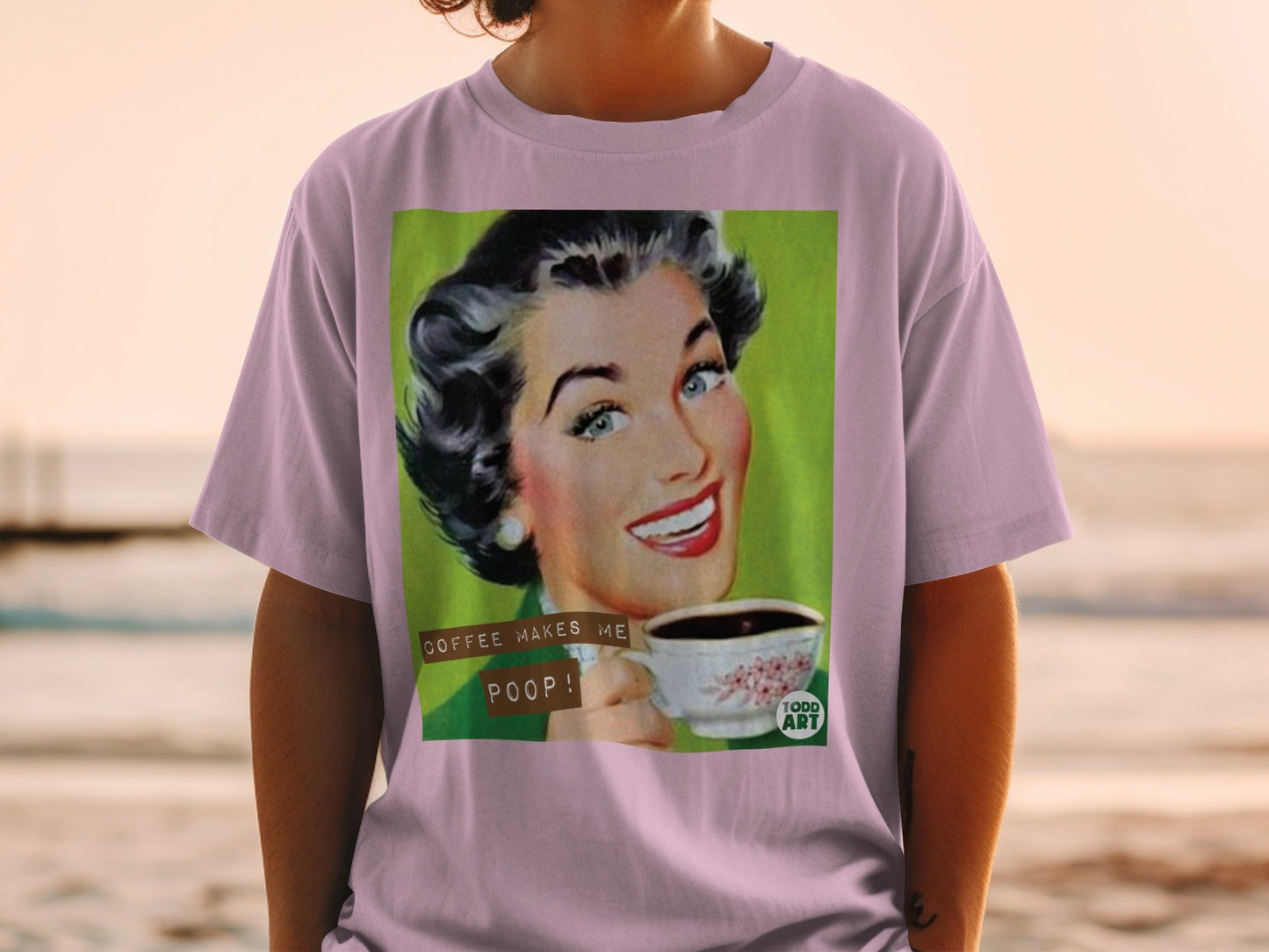 Retro woman smiles holding coffee cup, "Coffee Makes Me Poop!" text.