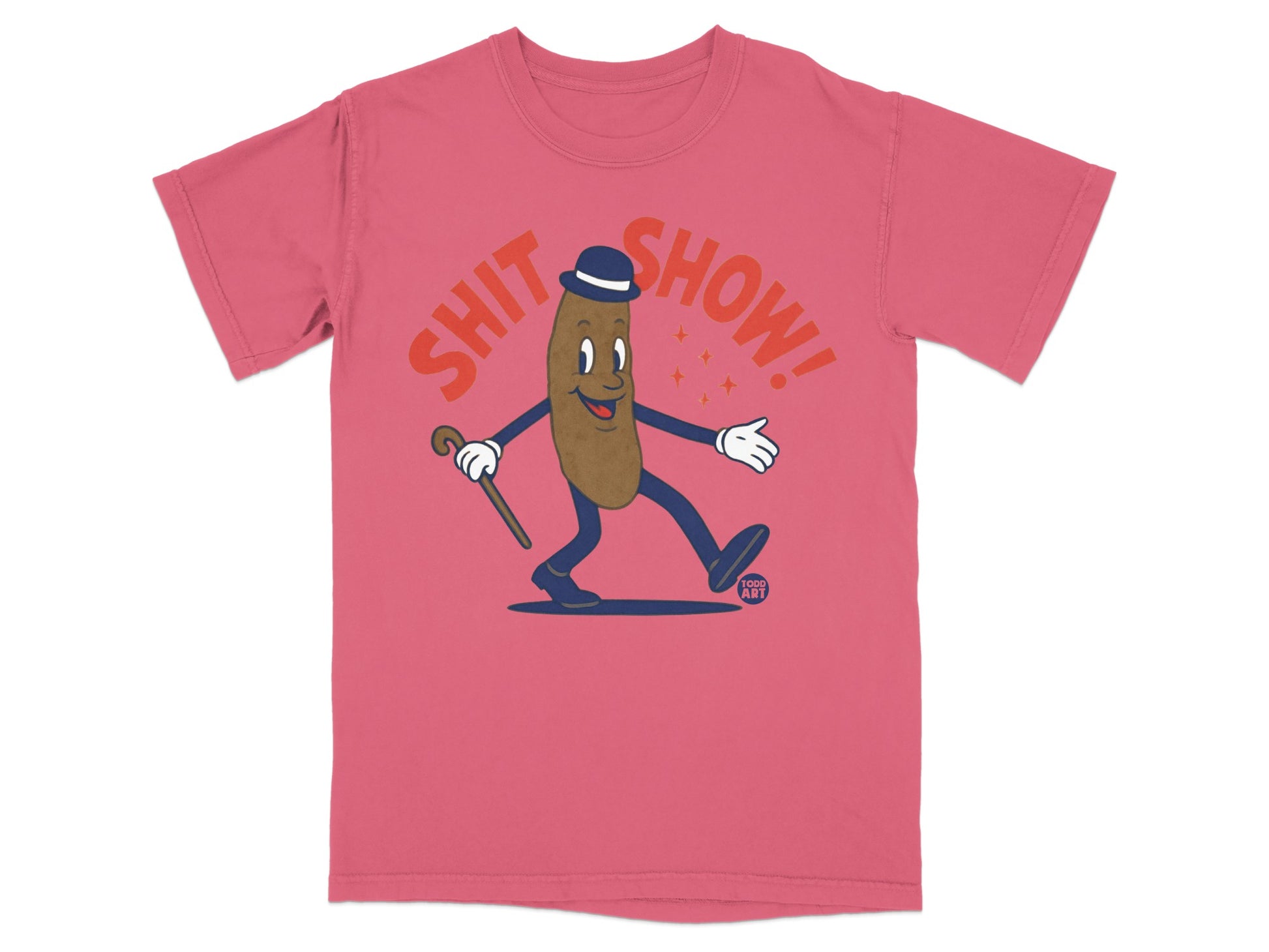 T-shirt with cartoon poop character in a hat and cane saying "Shit Show!".