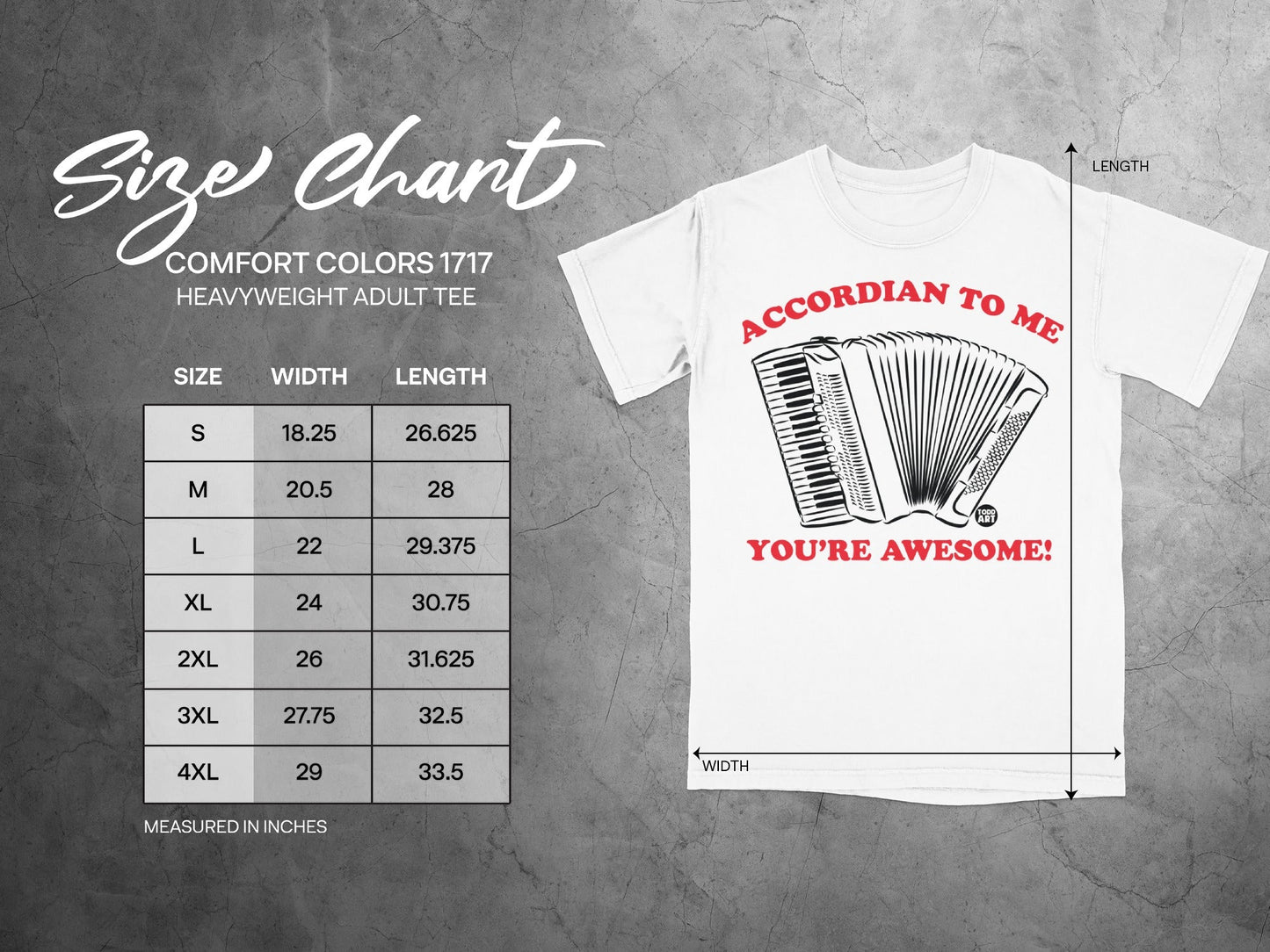 Size chart for Comfort Colors 1717 heavyweight adult tee with accordion graphic.
