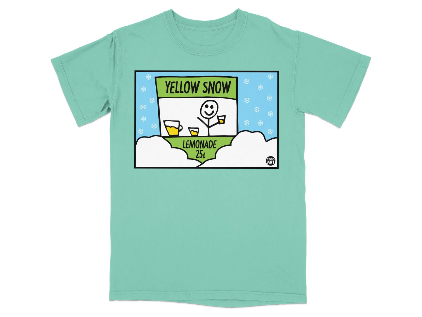 Yellow Snow Lemonade stand with 25 cent sign and snowflakes on teal t-shirt.