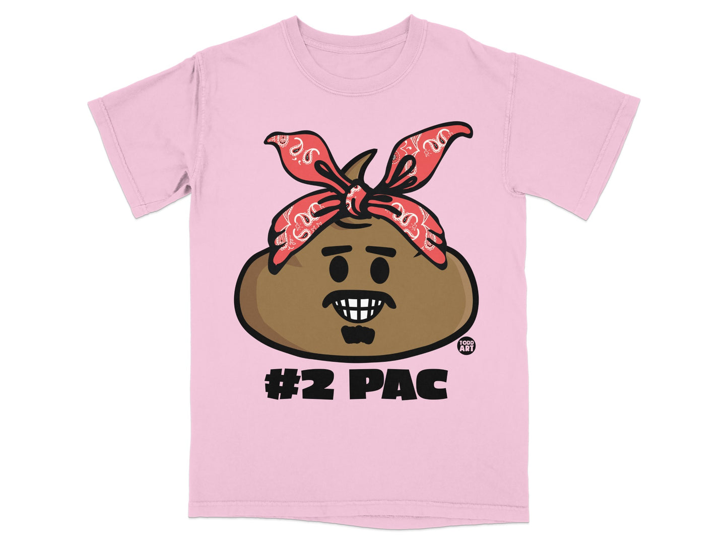 Pink t-shirt with a cartoon brown emoji face and "#2 PAC" text.