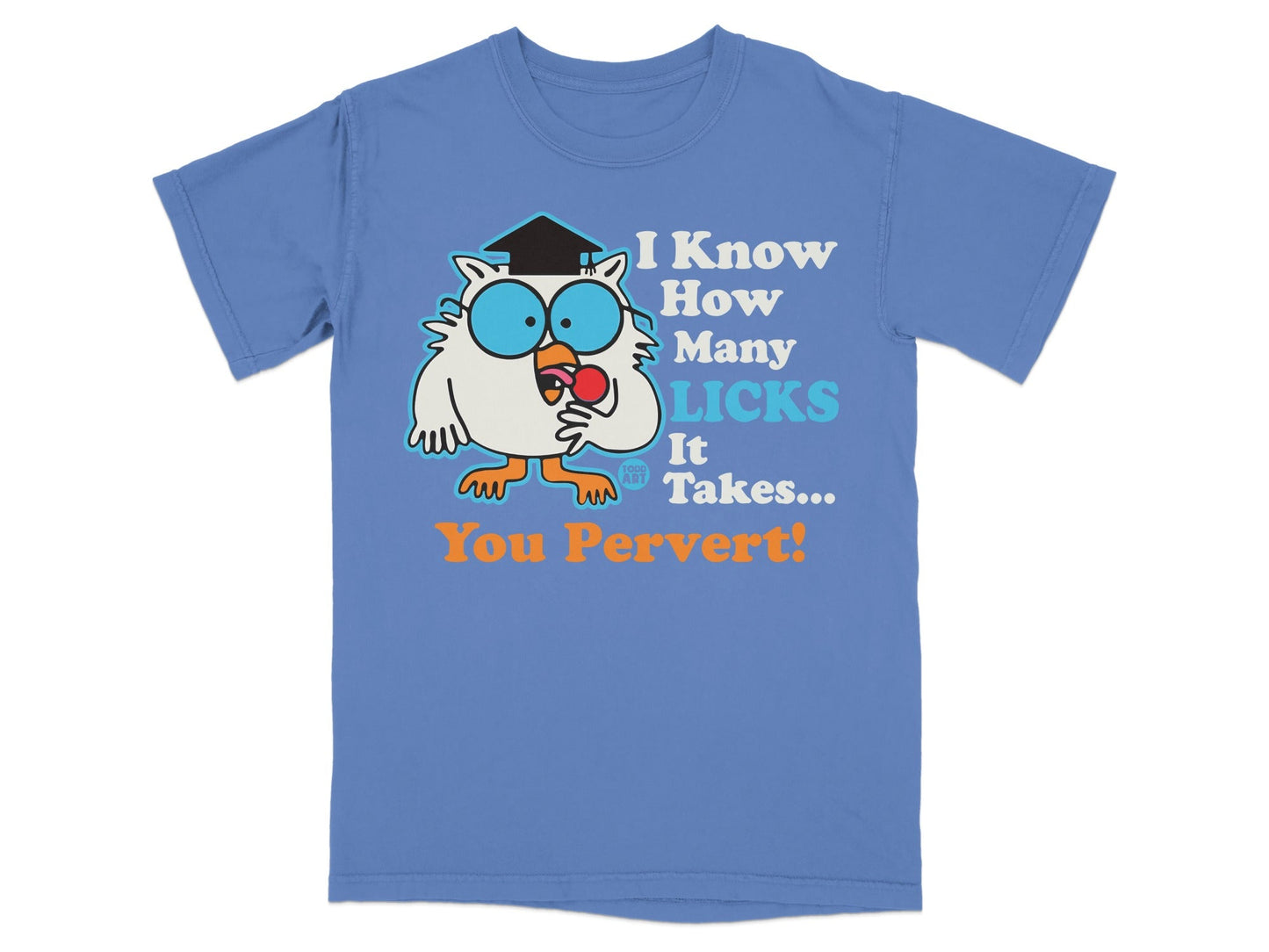 Blue t-shirt with cartoon owl wearing glasses and graduation cap, holding a lollipop.