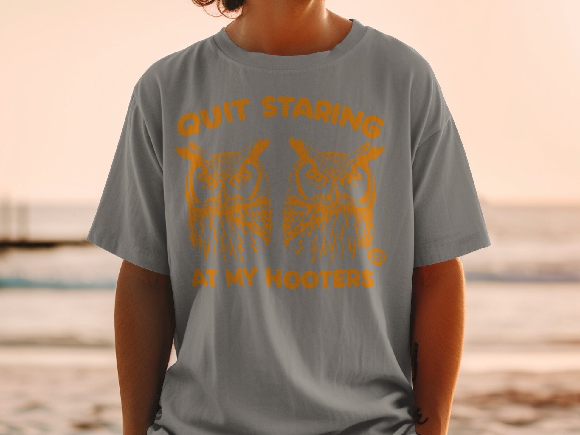 Grey t-shirt with orange graphic of two owls and text "Quit Staring At My Hooters".
