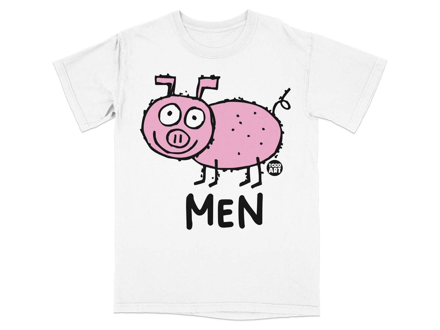 Pink cartoon pig with "MEN" text, Todd Art logo.