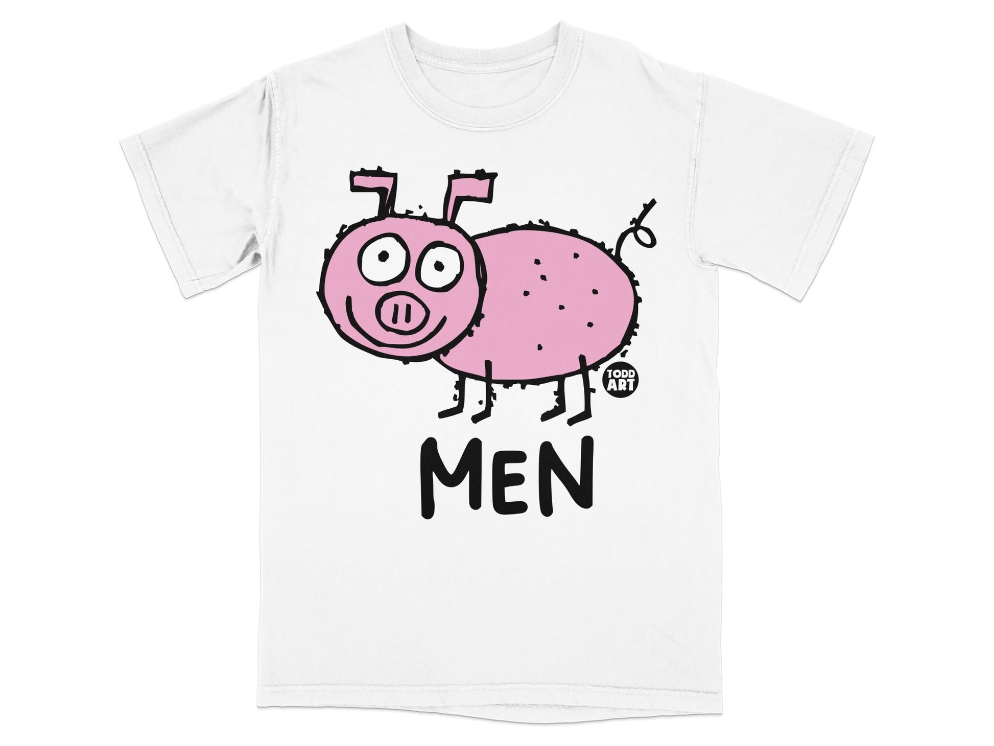 Pink cartoon pig with "MEN" text, Todd Art logo.