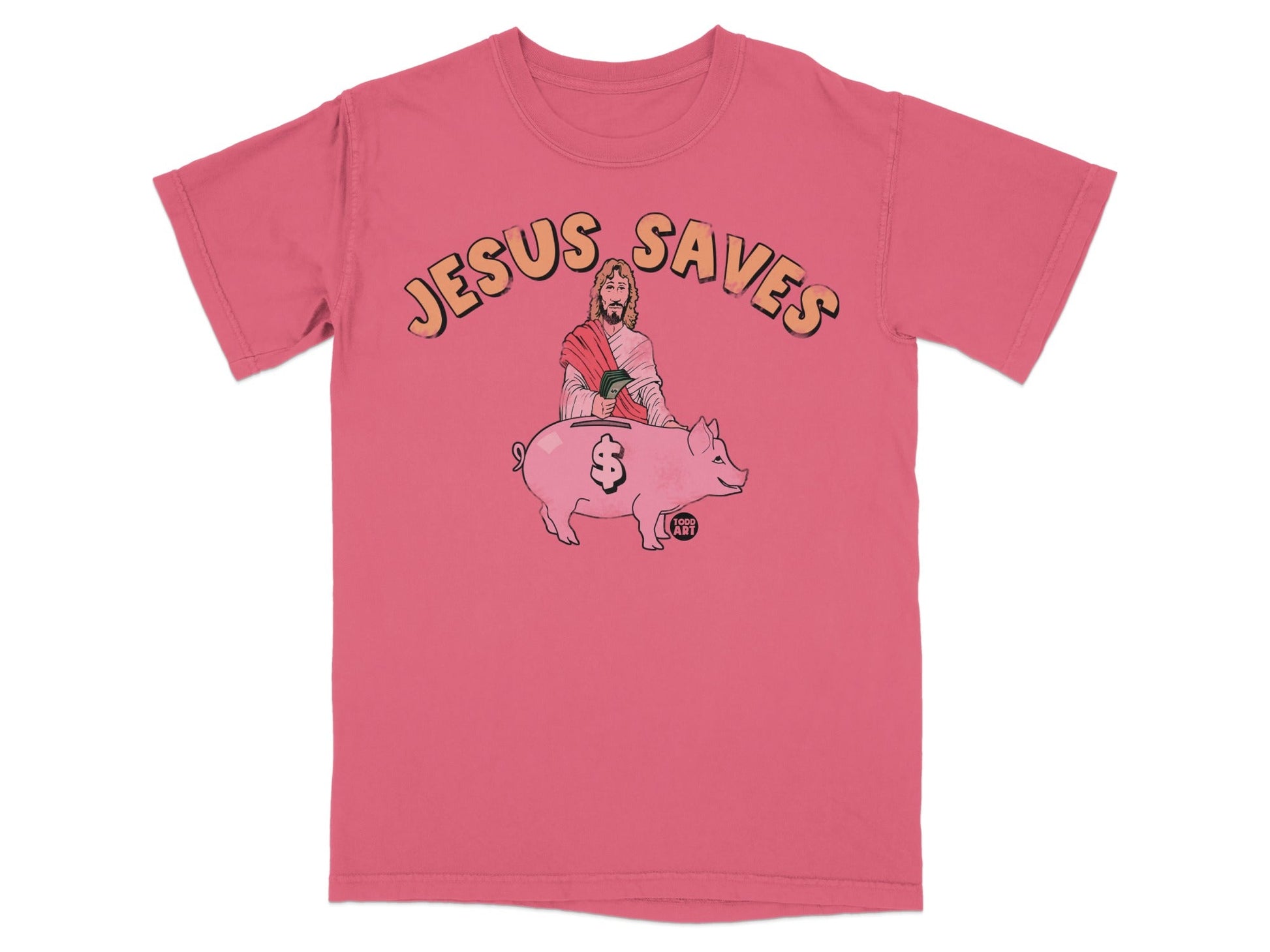 T-shirt with "Jesus Saves" text and a piggy bank with Jesus.