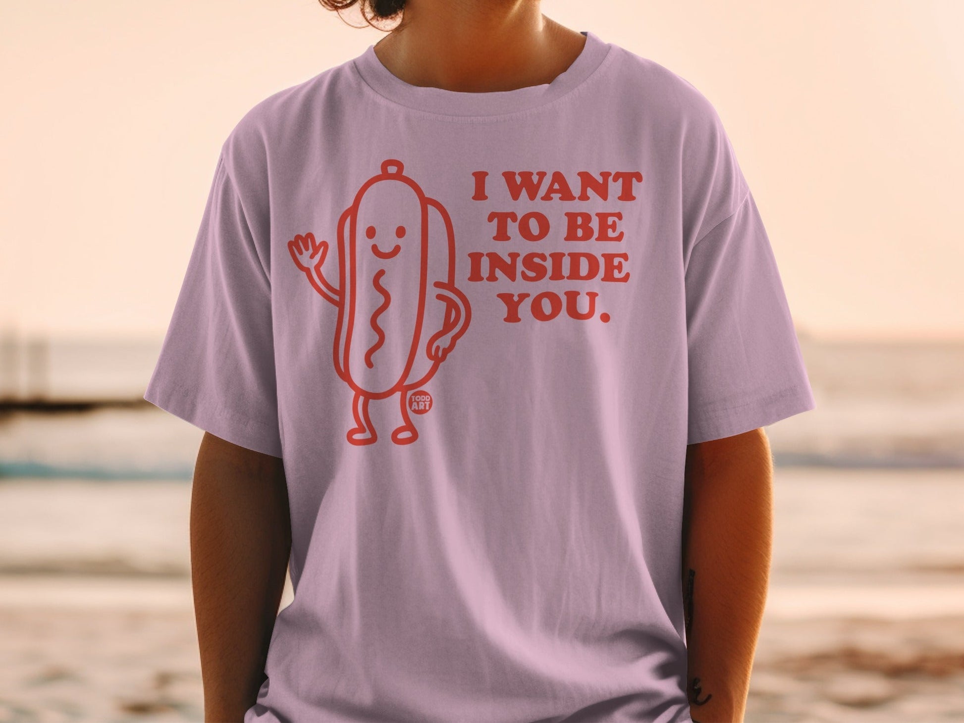 T-shirt with hot dog graphic and text "I WANT TO BE INSIDE YOU."