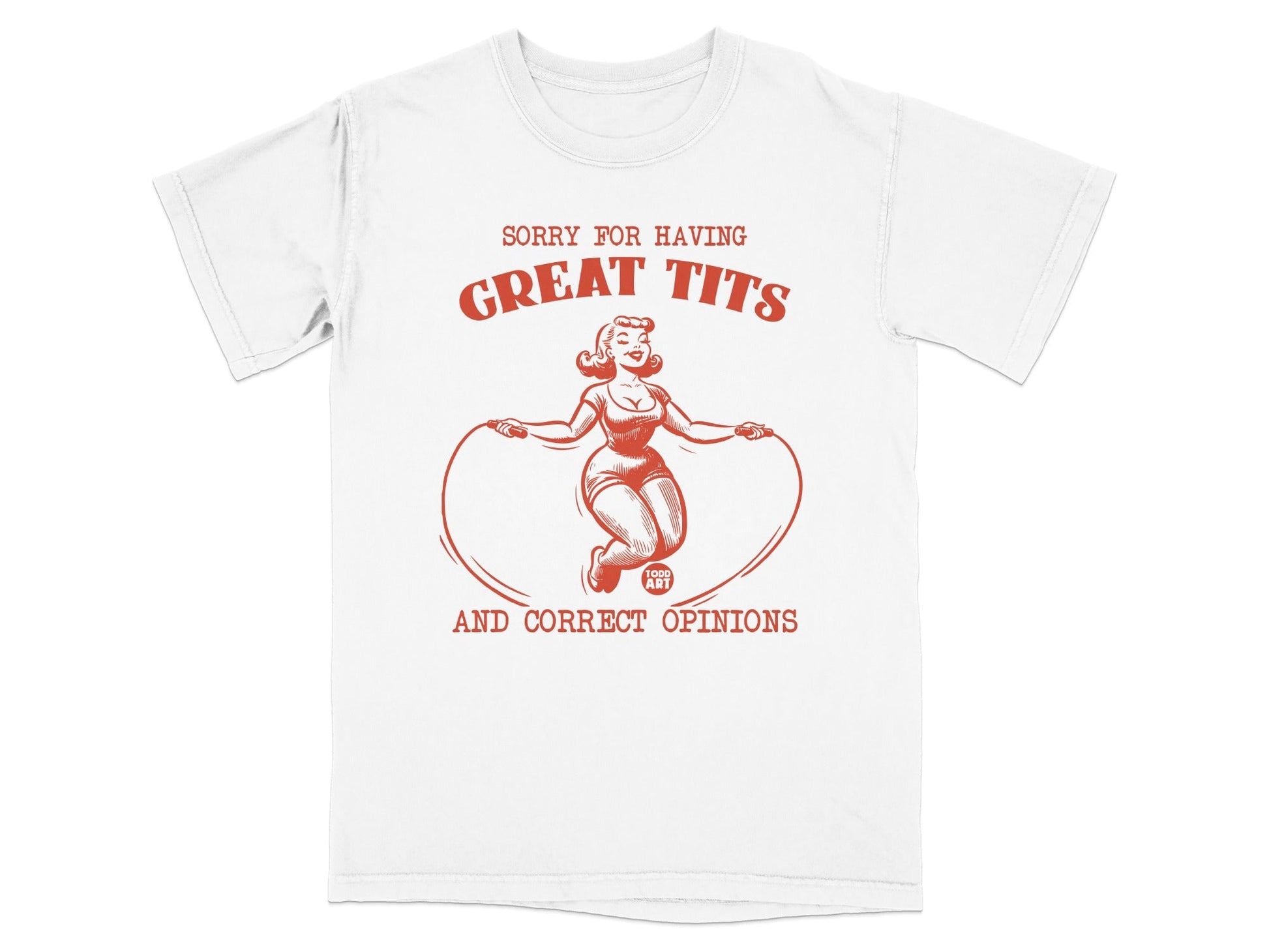 White t-shirt with illustration of a woman jumping rope and text.