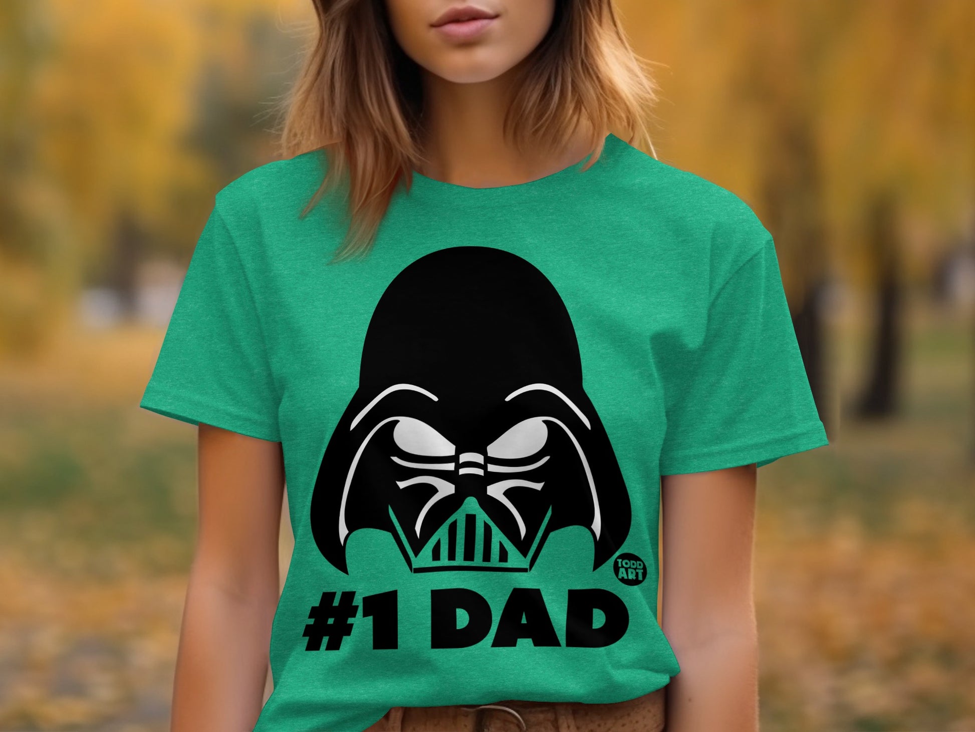#1 Dad Green Tee with Vader Helmet Graphic Design
