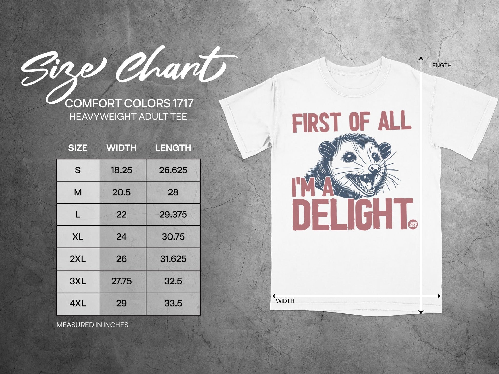 Comfort Colors 1717 size chart with opossum graphic and measurements.