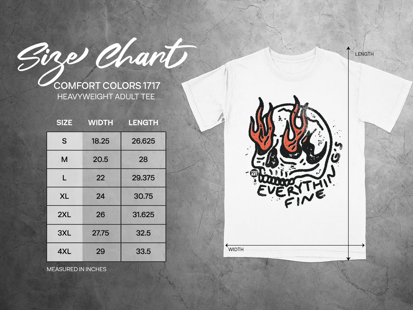 Comfort Colors 1717 heavyweight t-shirt size chart with measurements.