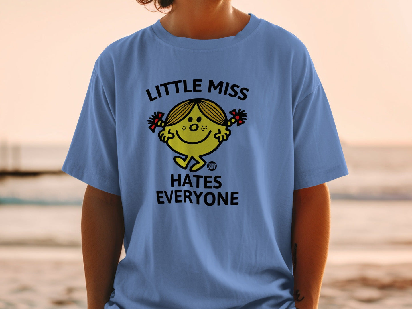 Blue t-shirt with "Little Miss Hates Everyone" text and cartoon character.