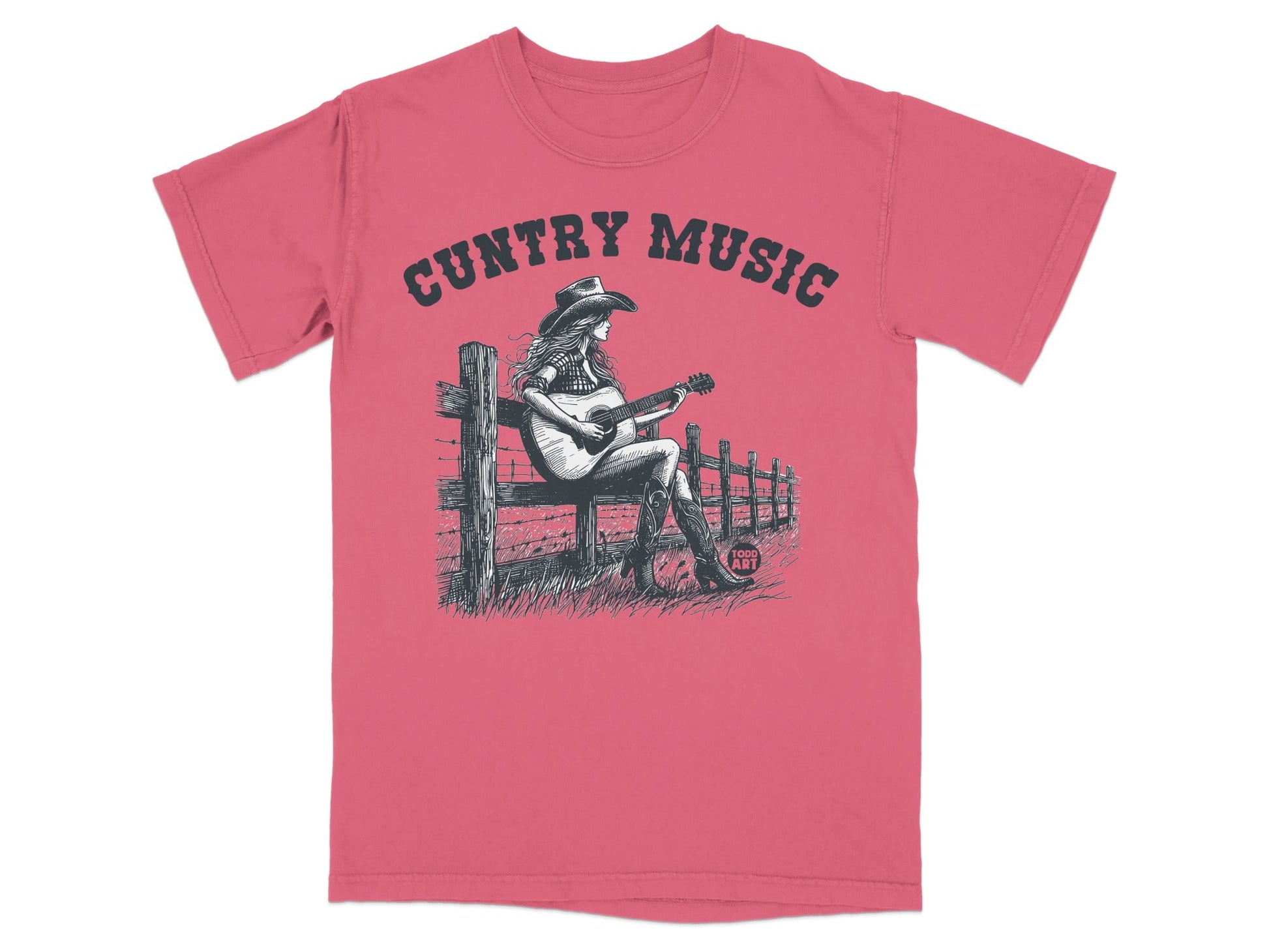 Woman playing guitar by fence, "Cuntry Music" text above.