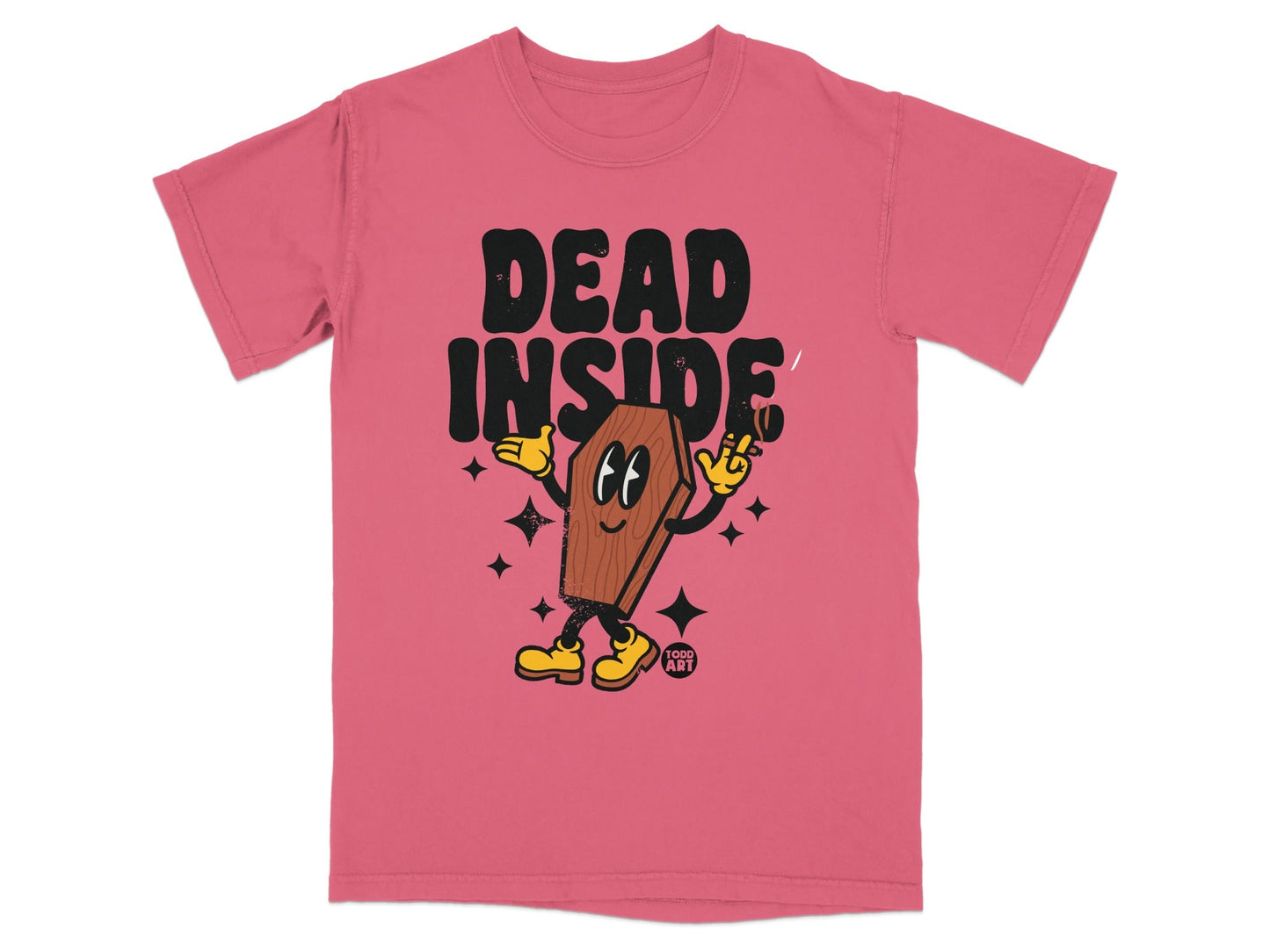 T-shirt with cartoon coffin character saying "DEAD INSIDE"