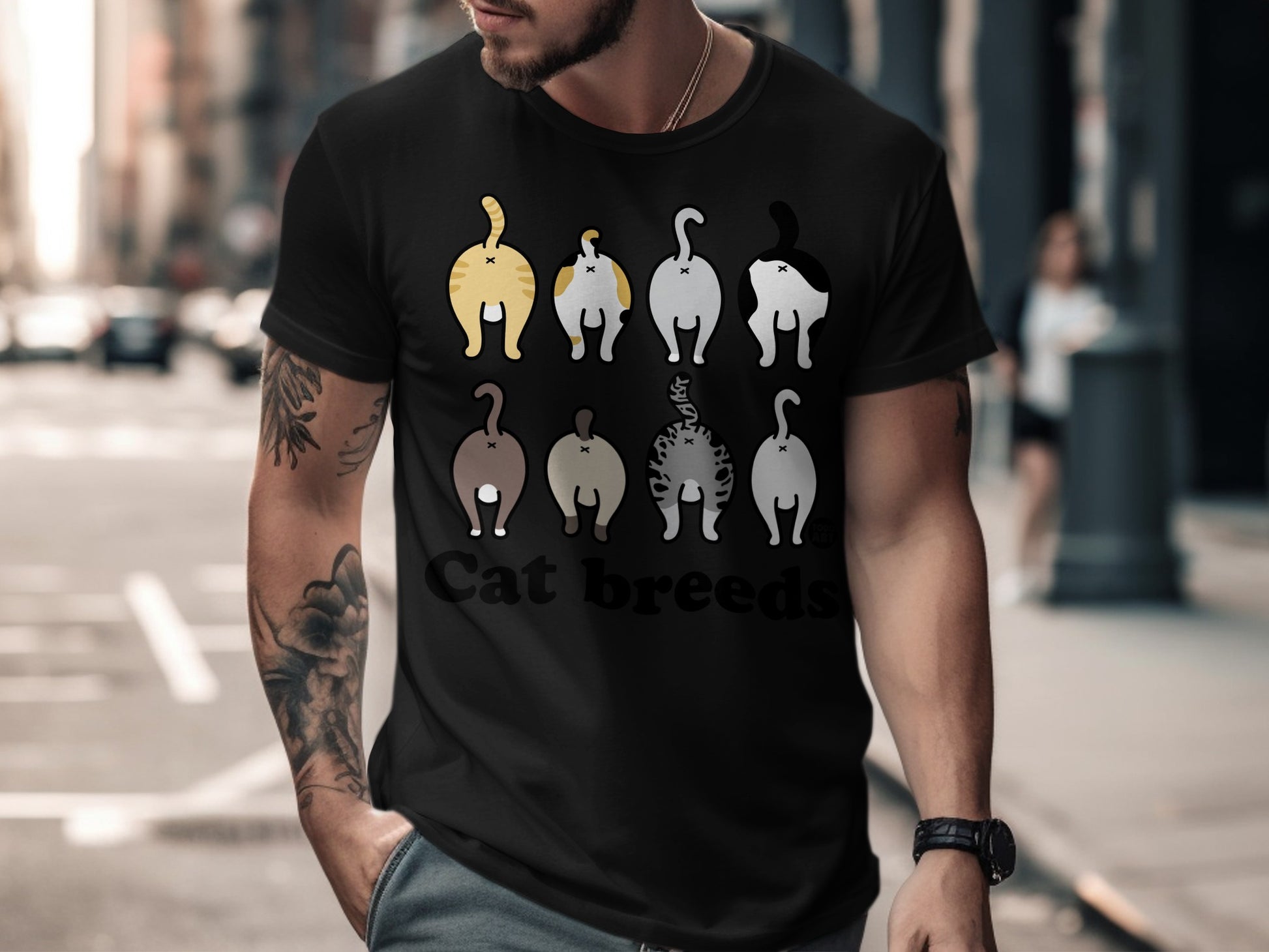 Funny Cat Breeds Design on Men's Black T-Shirt