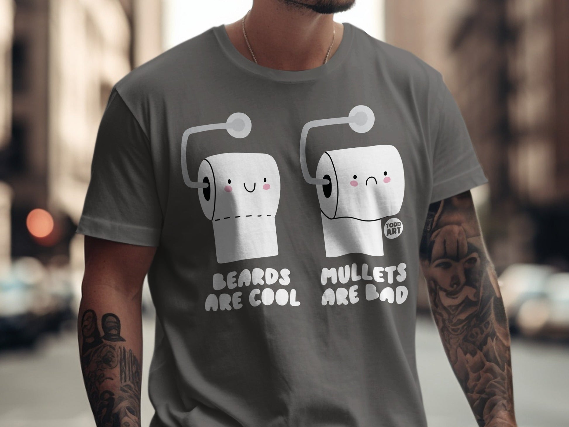 Two toilet paper rolls, one smiling, one frowning, with text.