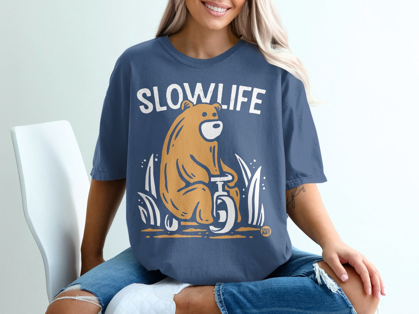 Slowlife Bear Riding Bicycle Graphic Design T-shirt