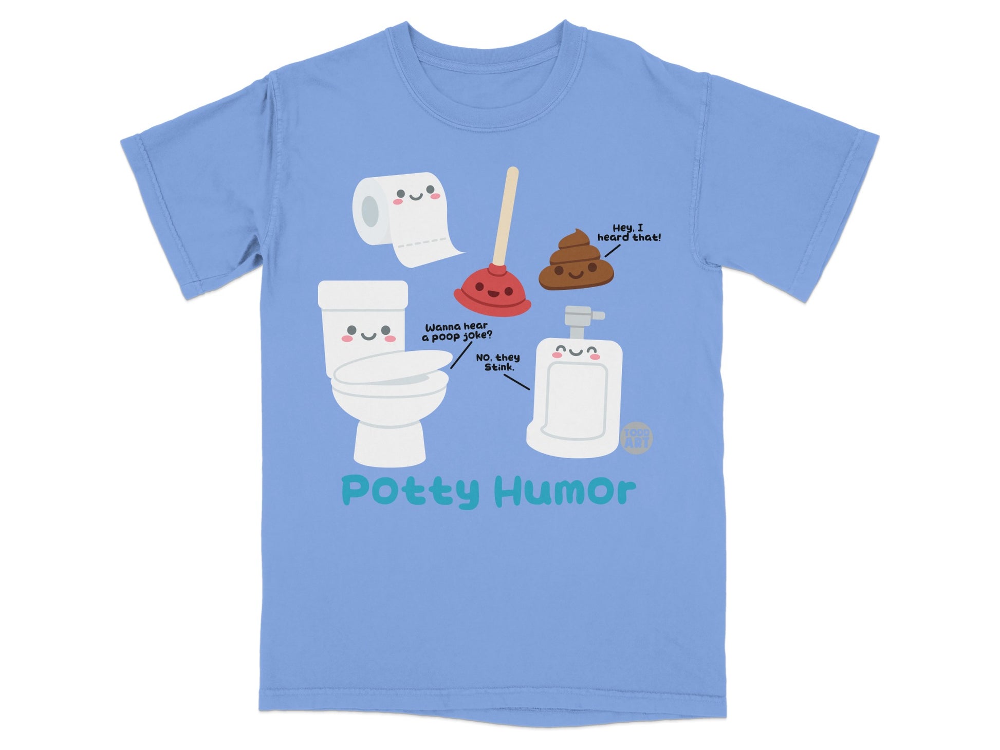 T-shirt graphic with toilet, plunger, and poop character discussing jokes.