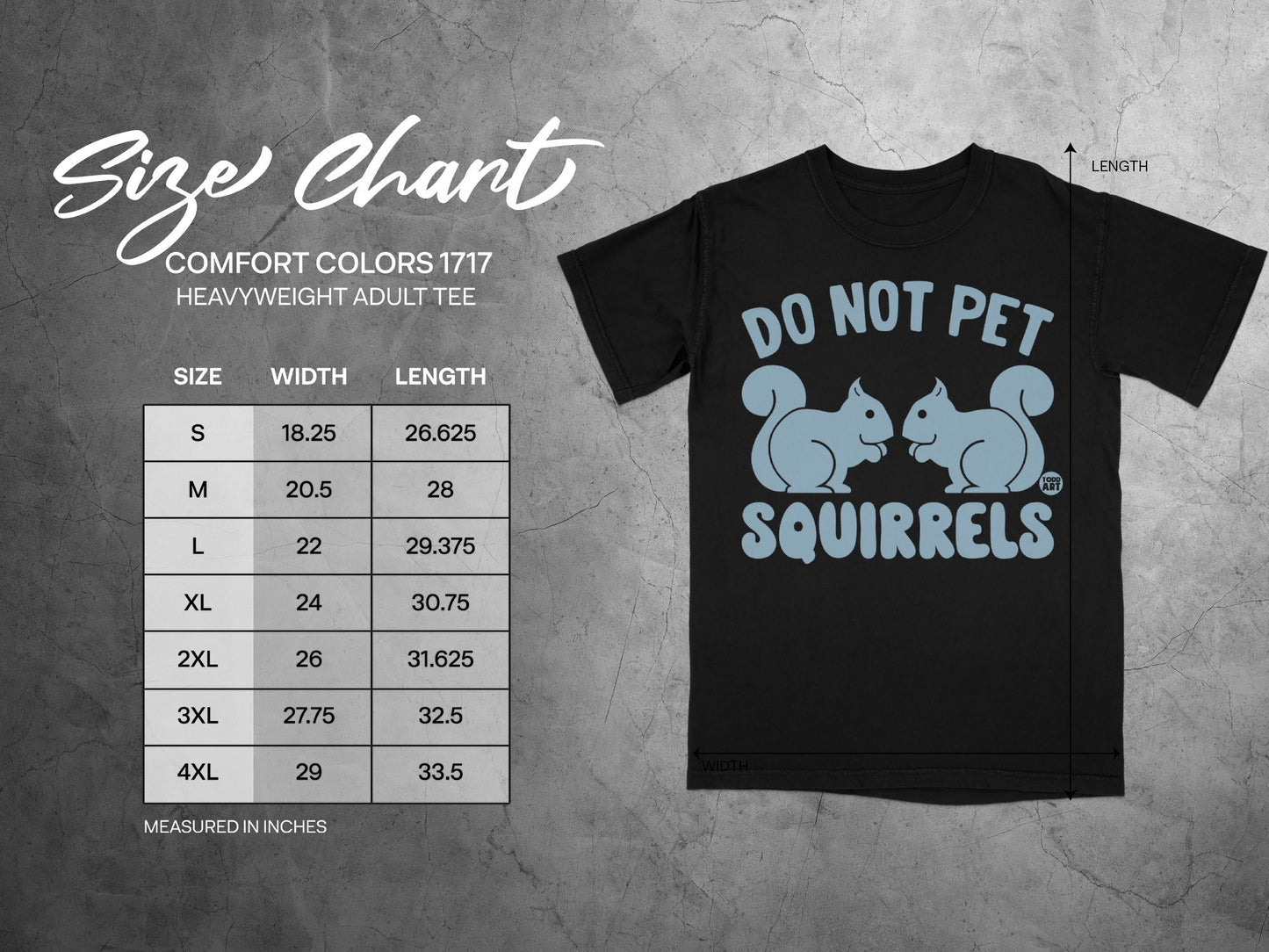 Size chart for Comfort Colors 1717 heavyweight adult tee with squirrel graphic.