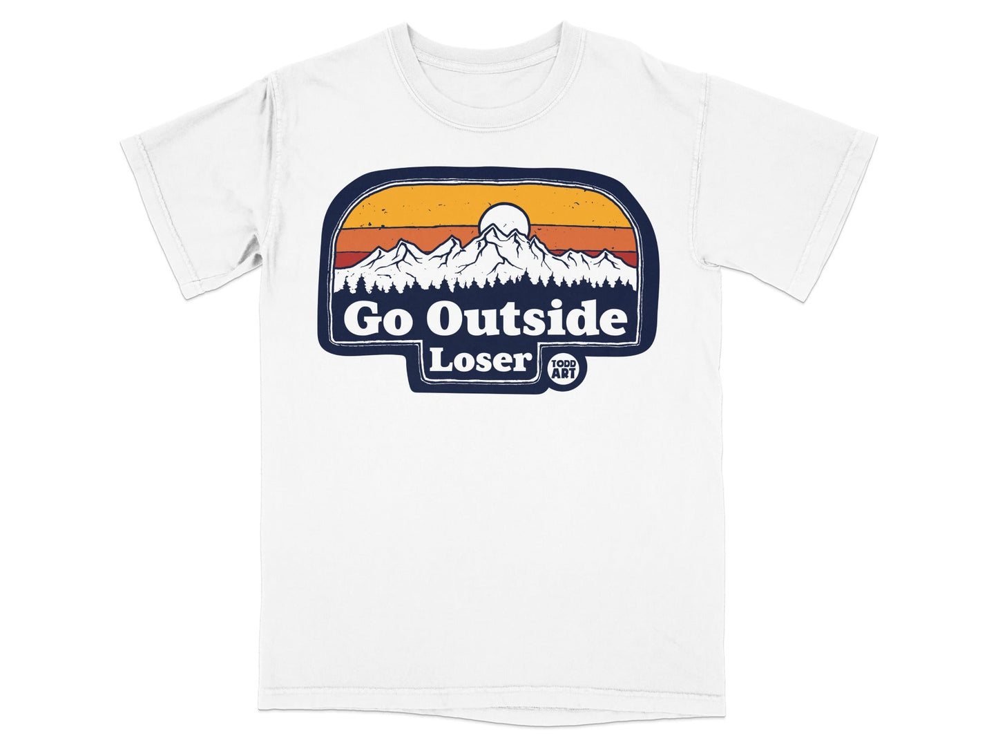 White t-shirt with "Go Outside Loser" text and mountain sunset graphic.
