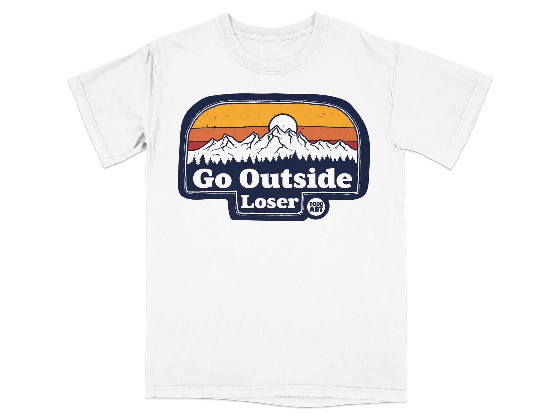 White t-shirt with "Go Outside Loser" text and mountain sunset graphic.
