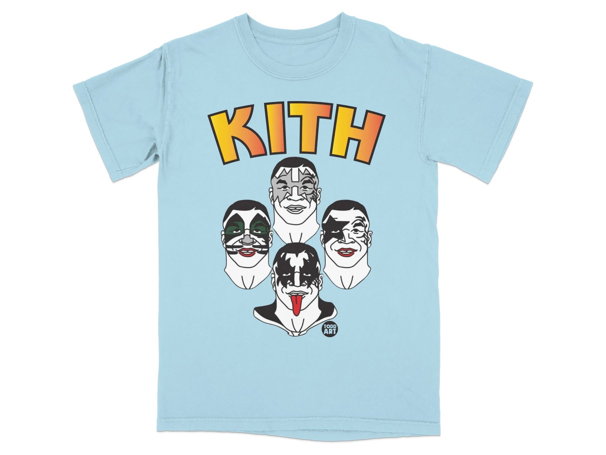 Light blue t-shirt with Kith logo above four KISS band members' faces.