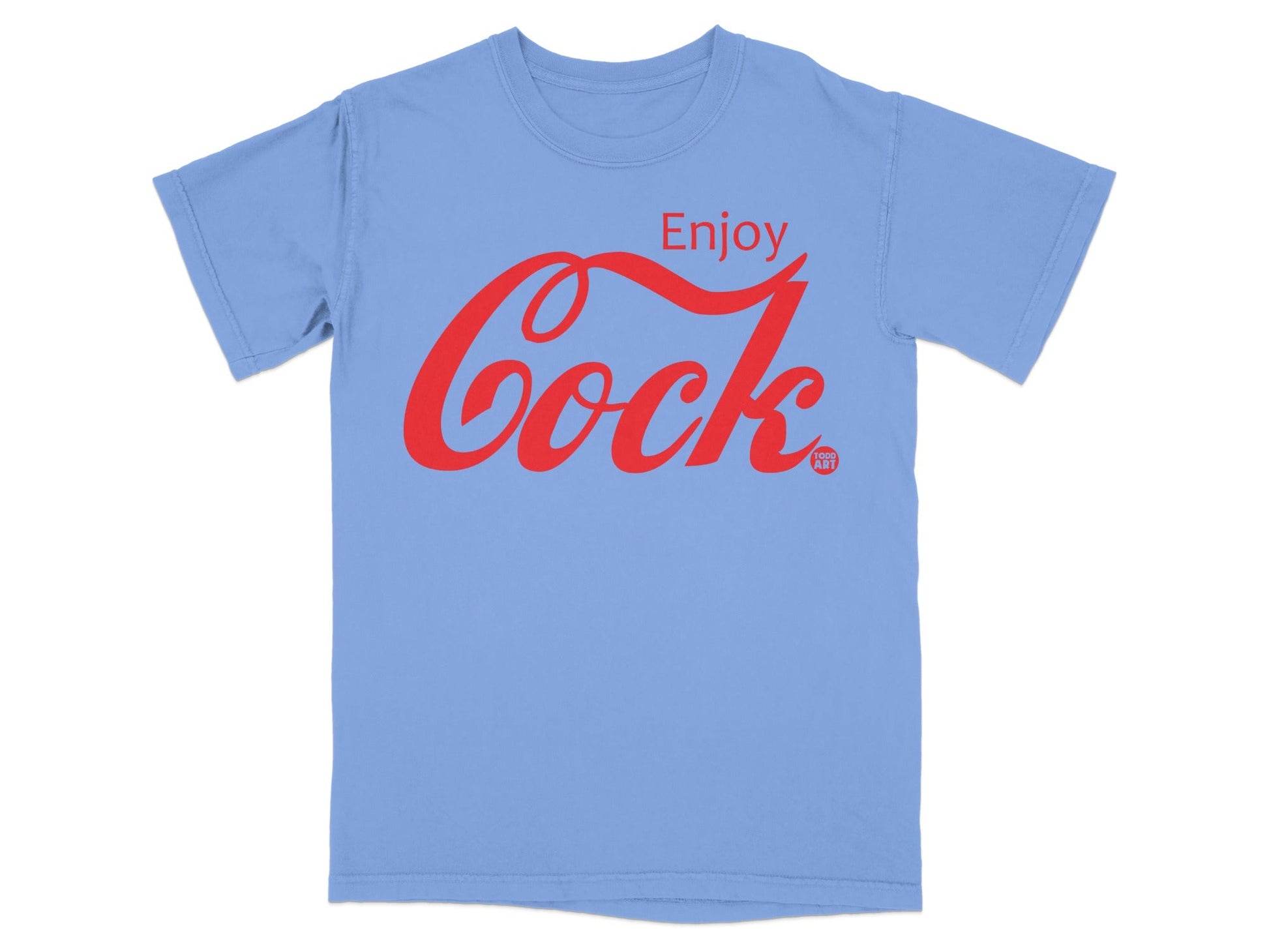 Enjoy Cock Blue T-Shirt with Red Graphic Design